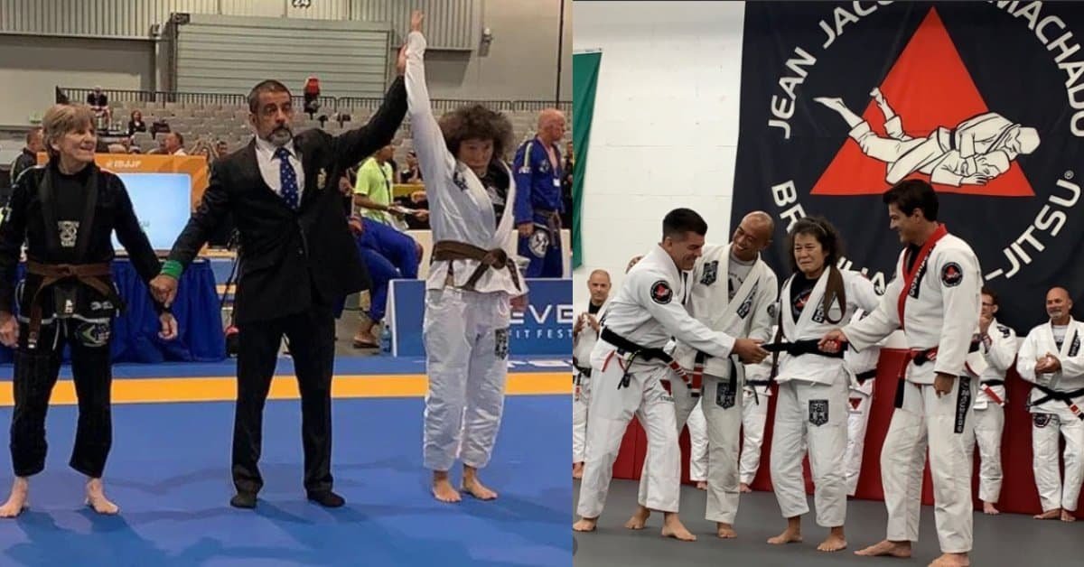 Brenda King no tatame de competição e recebendo a faixa preta do mestre Jean Jacques Machado aos 62 anos